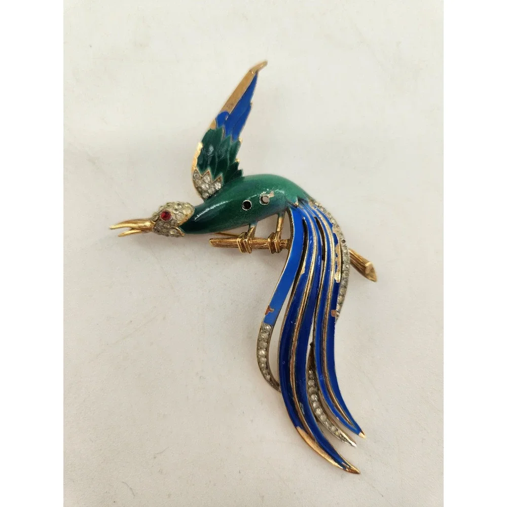 Trifari Birds‎ of Paradise Brooch & Earring Set Blue Green Enamel Rhinestone